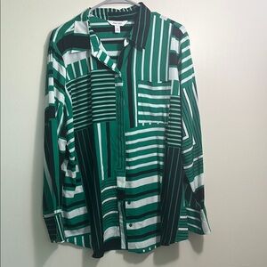 Nine West Green and White Casual Button Down Shirt